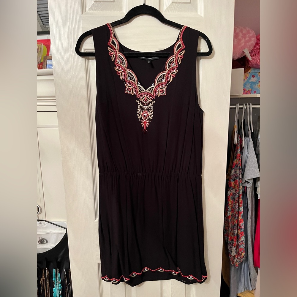 Black and pink embroidered mini dress